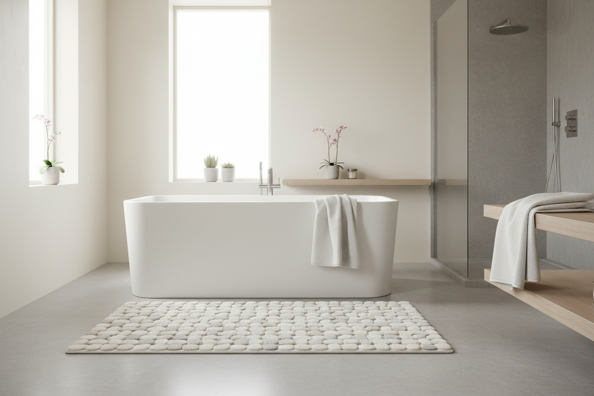 1. Main Section Image (Column 1 Background):
Image Idea: "A Serene Bathroom Haven"

Description: A high-quality, wide-shot image of an elegant bathroom flooded with soft, natural light. The photo should prominently feature your plush, textured cobblestone bath mat placed on a clean floor near a modern tub or shower. Include a neatly draped or folded ultra-soft towel (white or cream) on the side.

Purpose: To visually establish the "Safe Haven" and "Serenity" theme, appealing to the customer's desire for com