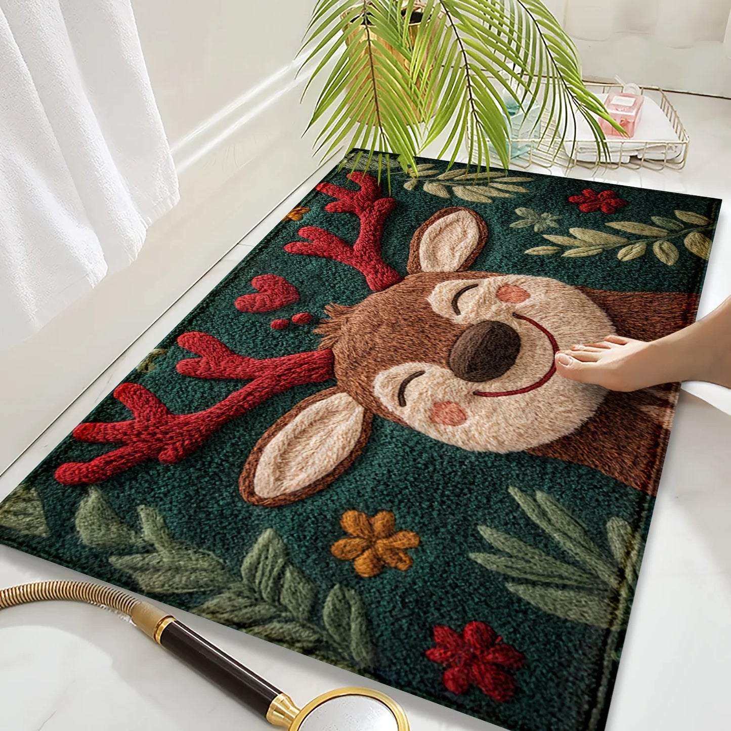 Festive Christmas Deer Fluffy Bath Mat