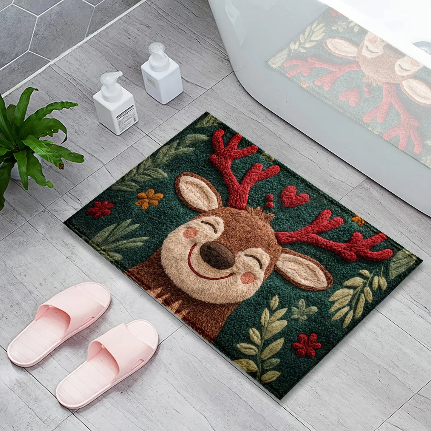 Festive Christmas Deer Fluffy Bath Mat