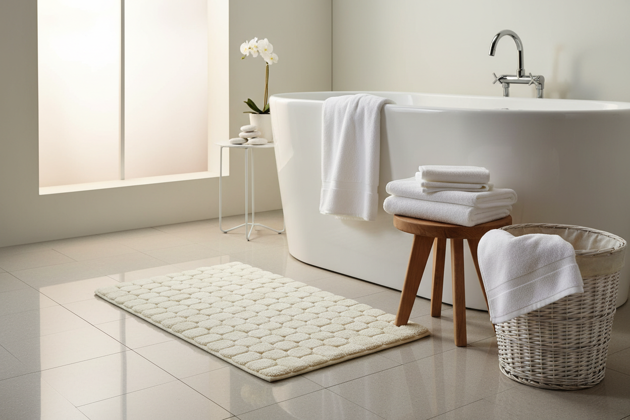 Prompt:

"A luxurious and inviting bathroom banner. Focus on a serene, spa-like aesthetic. The image should feature a tastefully arranged collection of high-quality bath textiles.

Key Elements to include:

Central Focus: A plush, soft, cobblestone-textured bath mat (like the comfort mat) prominently placed, perhaps partly under a chic freestanding bathtub or next to a modern shower.

Bath Towels: Draped neatly, or folded, a thick, absorbent white bath towel (like the cotton blend towel) and perhaps a small